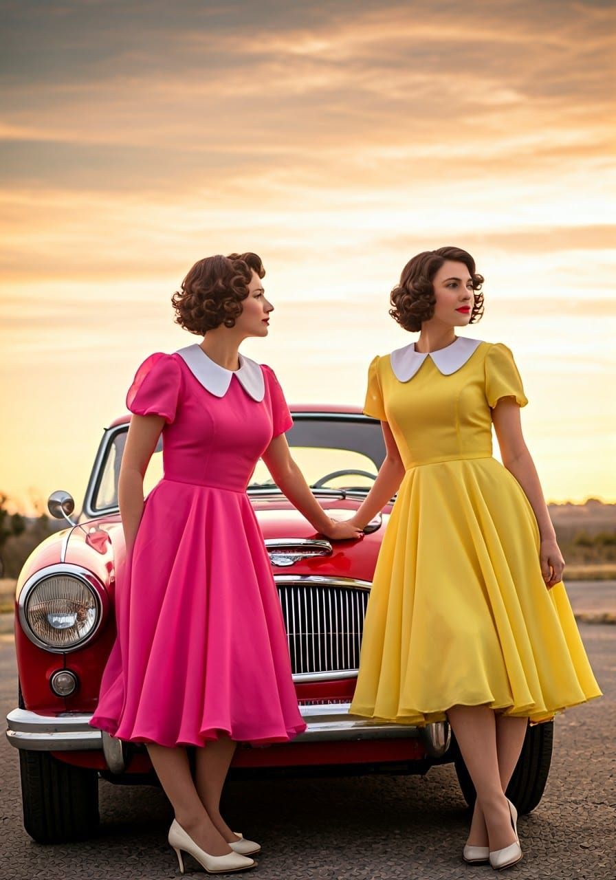 1950s Glamour: Women in Ballgowns with Red Austin Healy