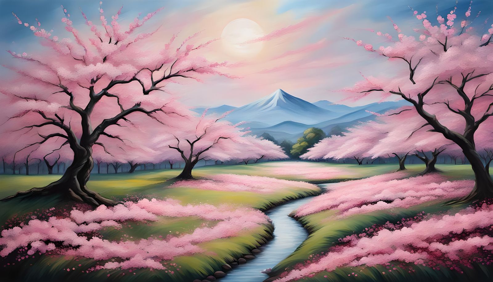 Cherry Blossom Field as Acrylic Painting
