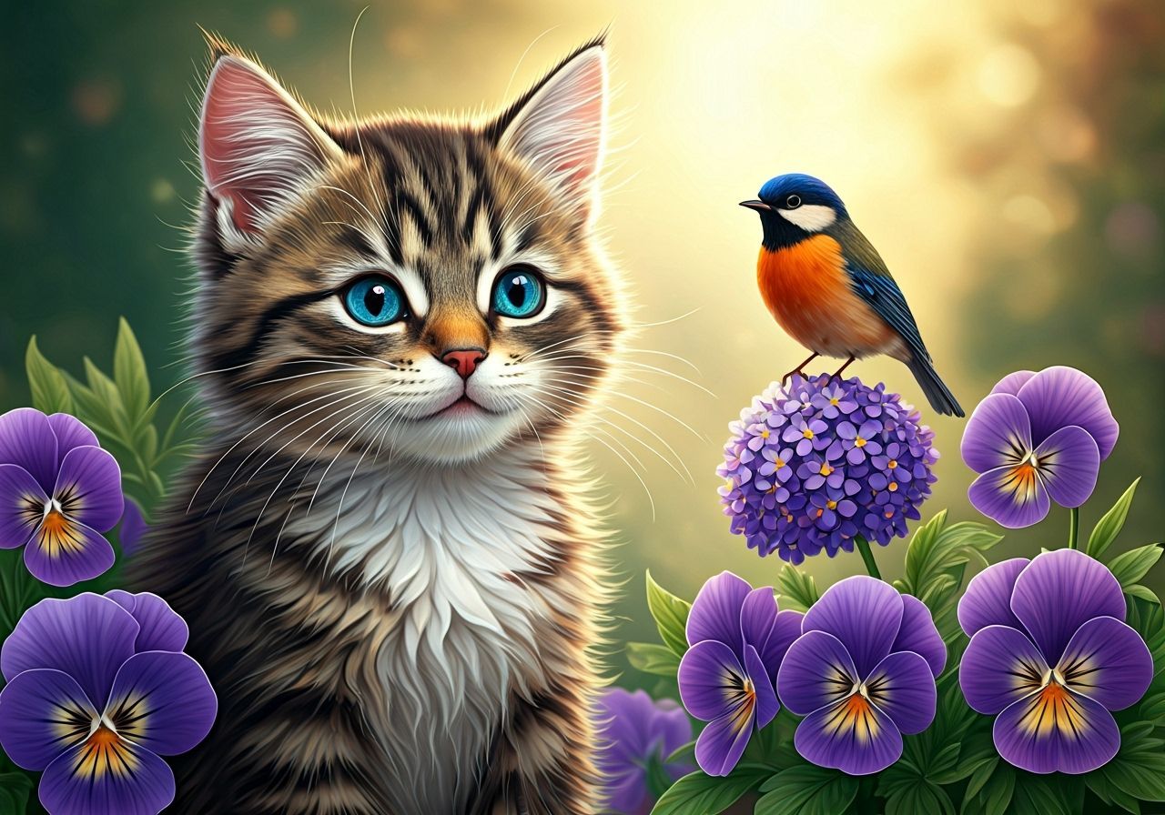 Charming Kitten in Fairytale Pansy Garden