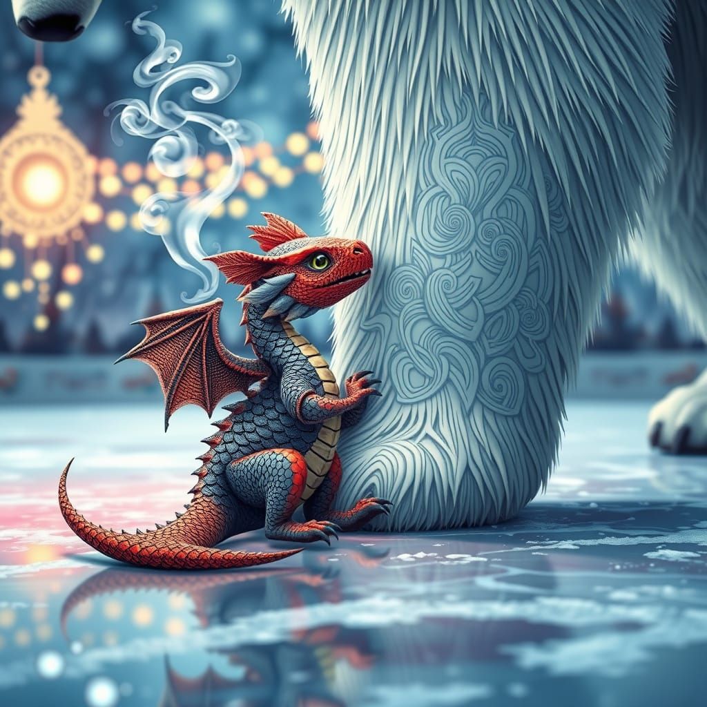 Miniature Dragon Meets Colossal Polar Bear on Skating Rink