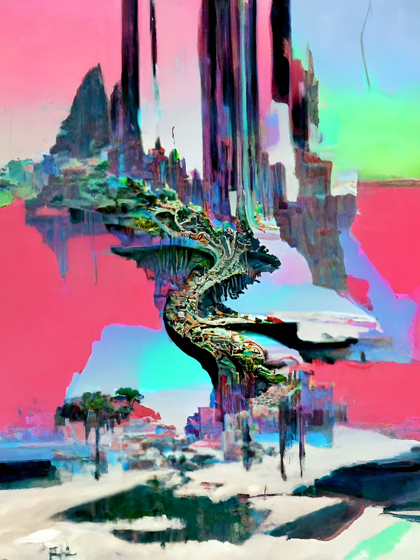 Surreal Glitch Landscape in Roger Dean Style