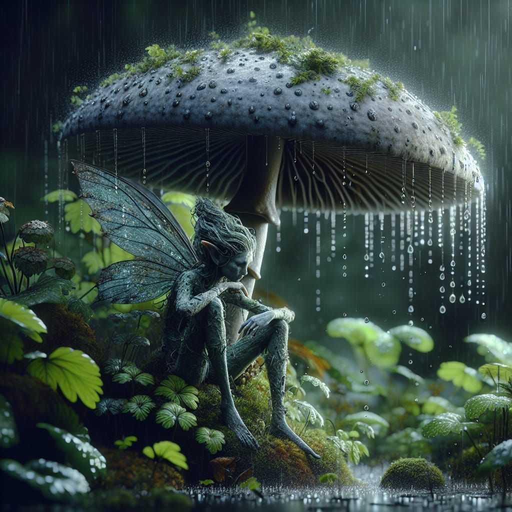 Gloomy Fairy Under Mushroom in Realistic Style