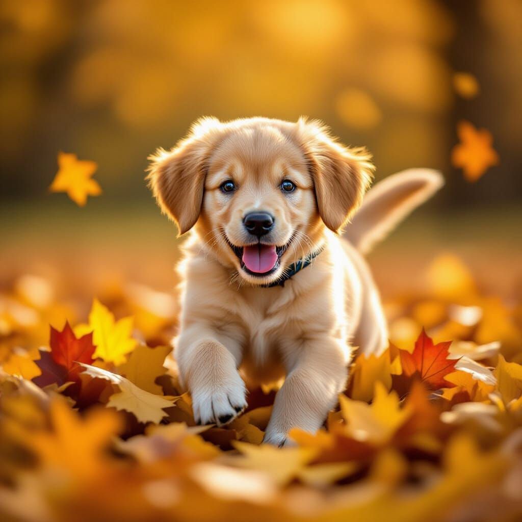 Golden Retriever Puppy Pouncing in Autumn Leaves - Professio...