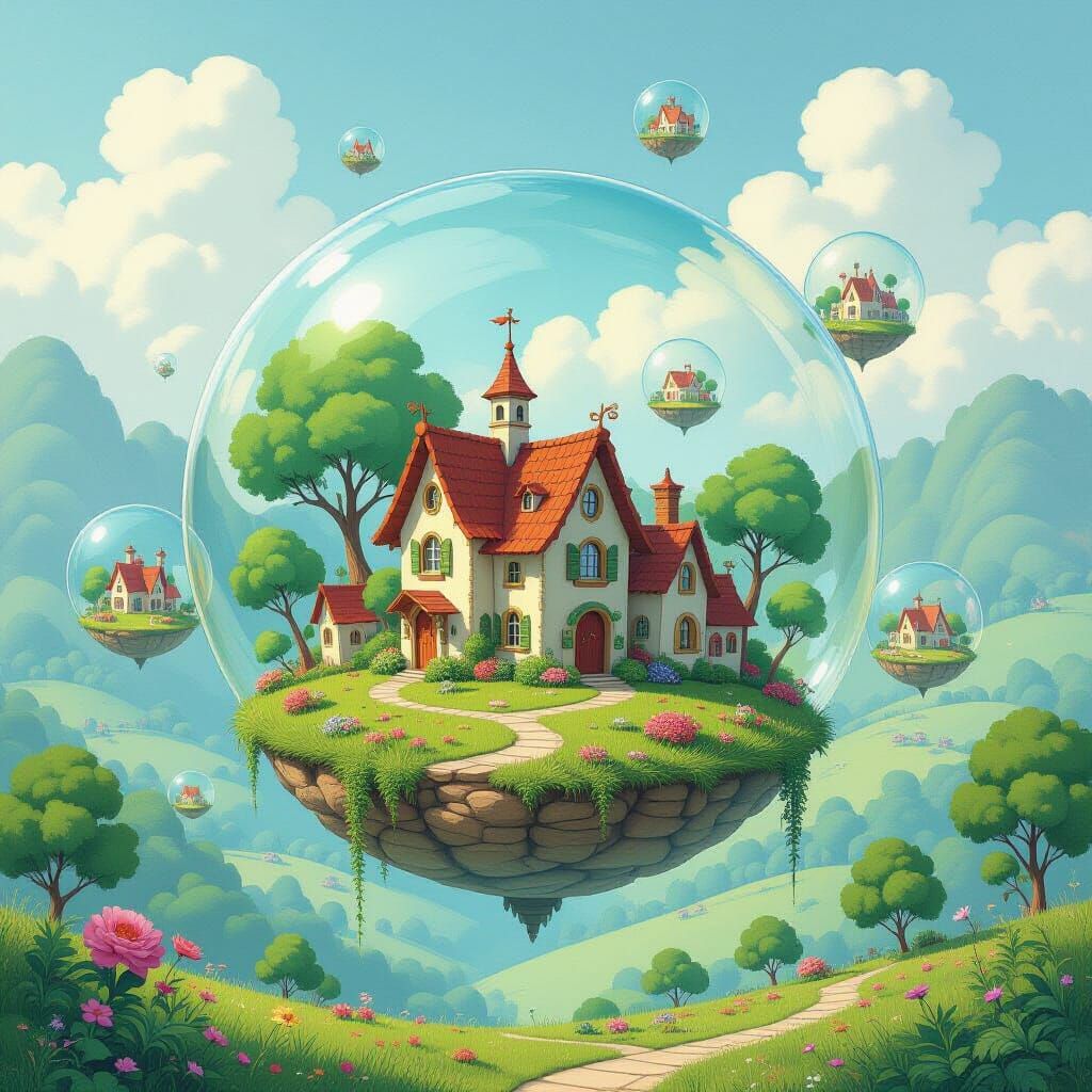 Enchanting Bubble Village: A Whimsical Watercolor Fantasy