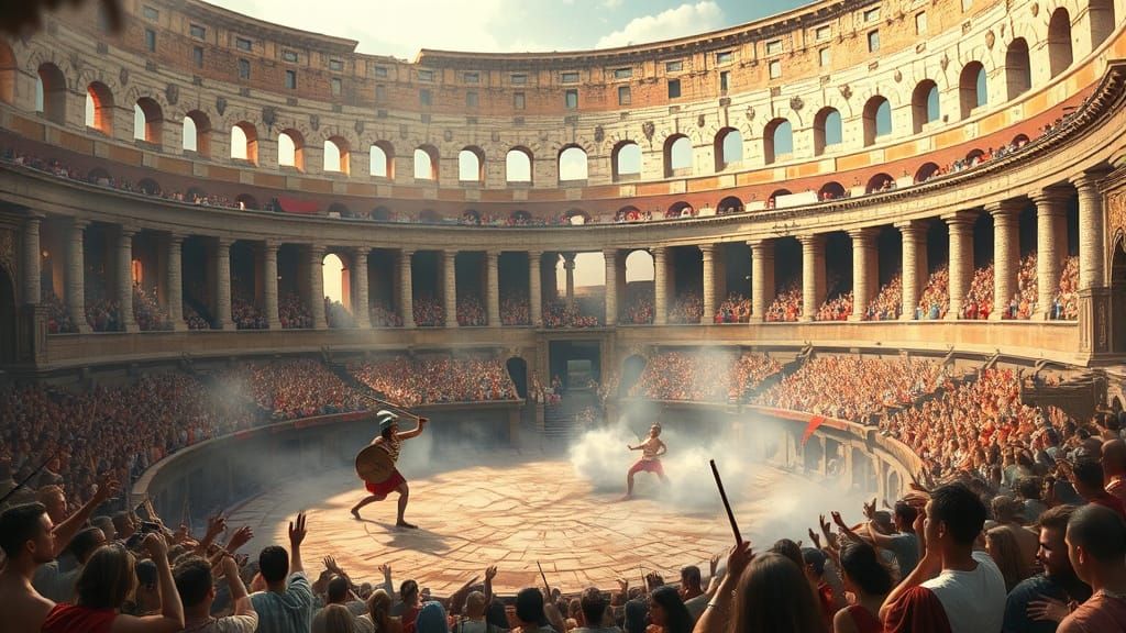 Gladiators Clash in Ancient Colosseum Arena Amidst Ethereal ...