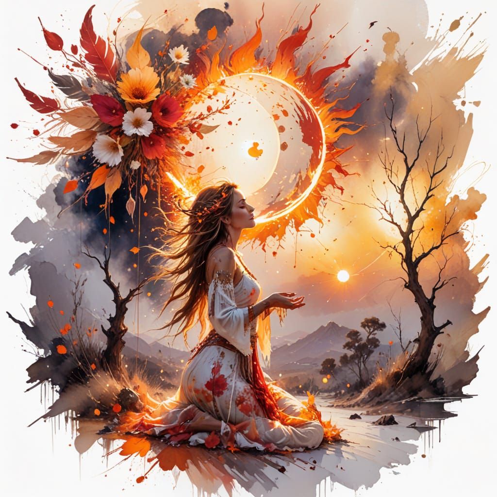 Solar Eclipse Shaman with Fire Petals in Watercolour