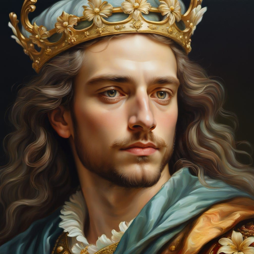 Renaissance portrait. Close up. A king holds a lily. Medium ...