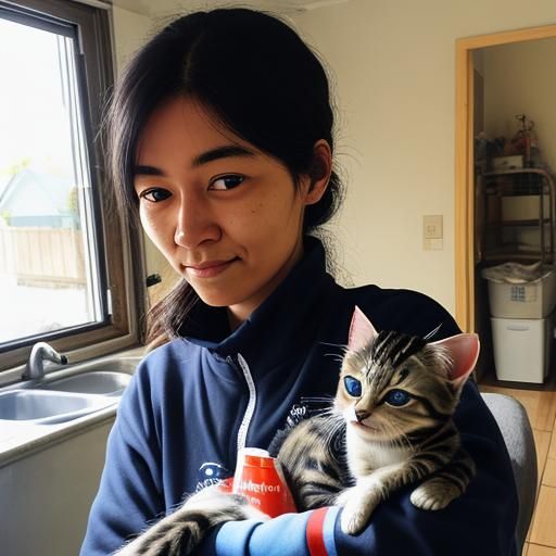 Caring Woman Feeds Kitten Surrounded by Cats