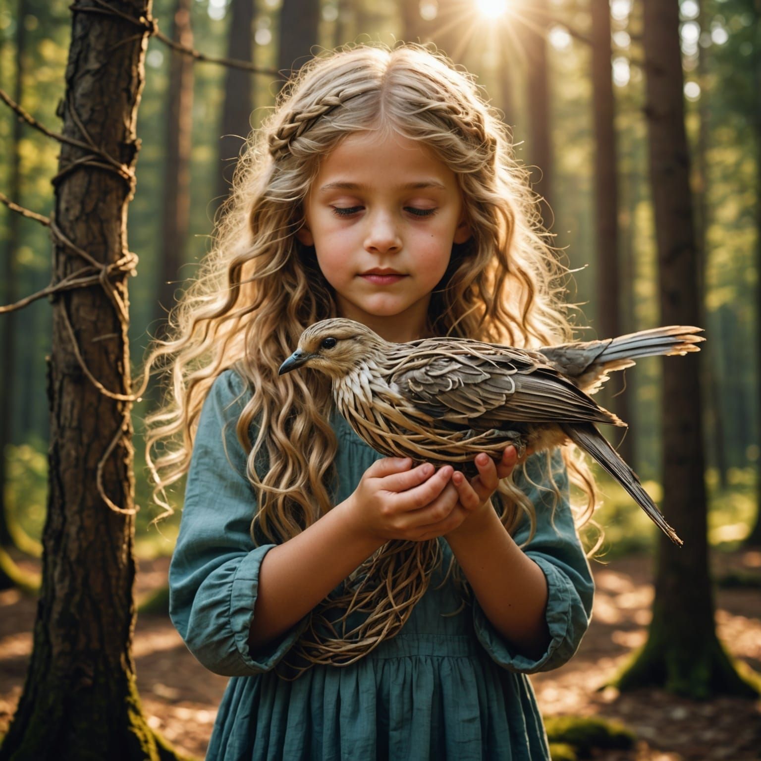 Forest Girl with String Bird in Sunlight