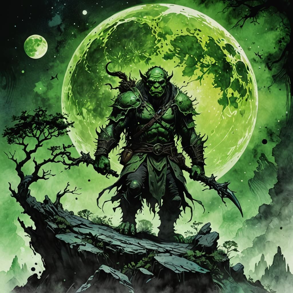 Ethereal Orc Under Green Moon in Sci-Fi Spacescape