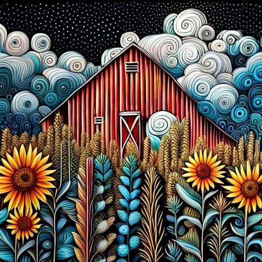 Colorful Garden Painting with Abstract Patterns