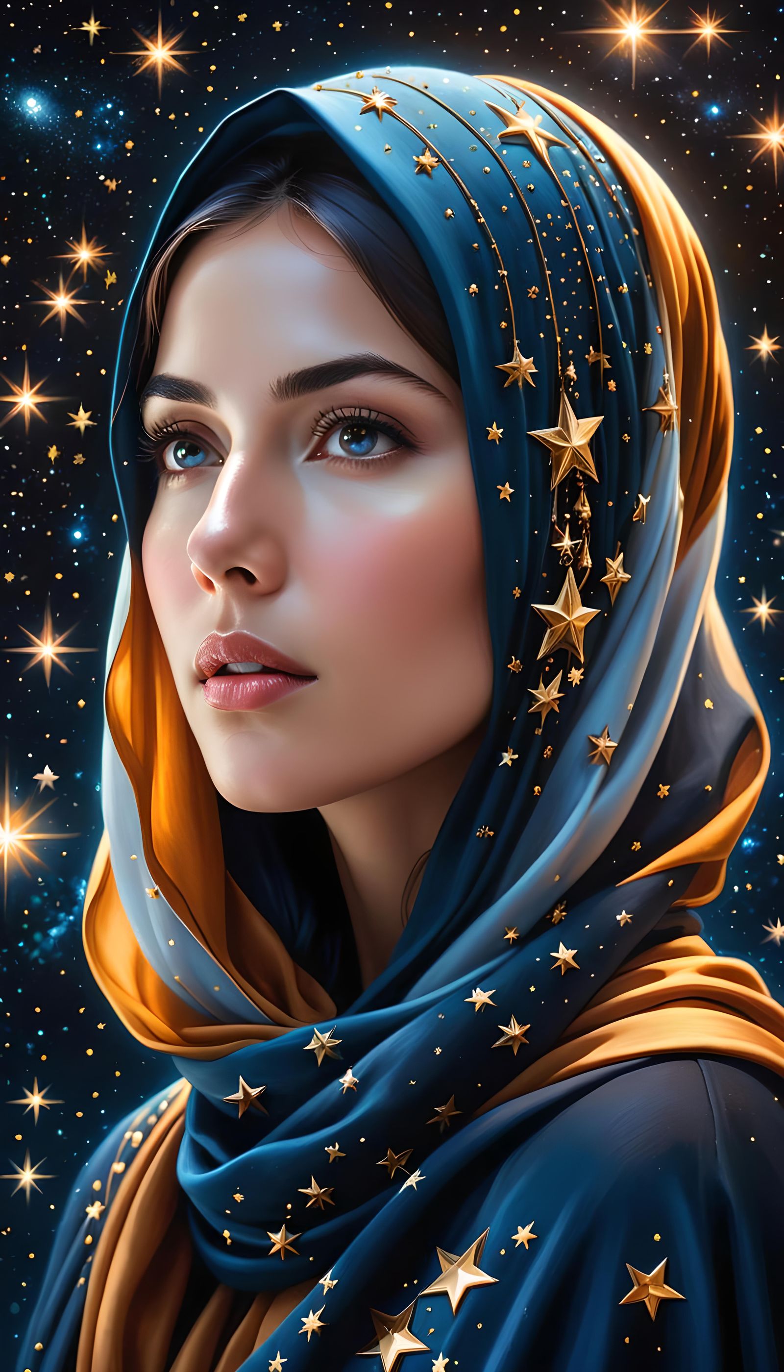 Hyperrealistic Fantasy Woman Surrounded by Stars