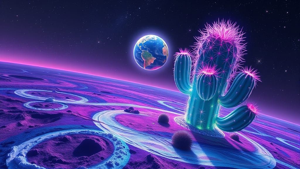 Cosmic Tiny Planet with Iridescent Cactus