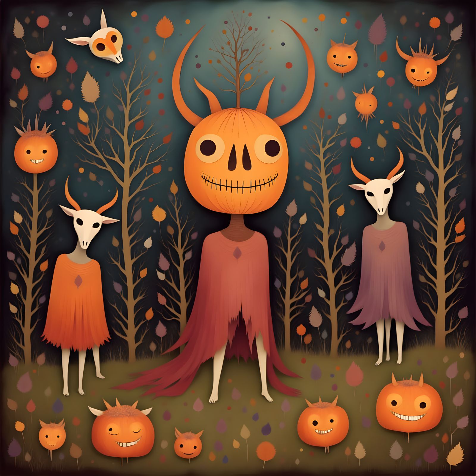 Whimsical Jack o'lantern Dances with Cute Devils