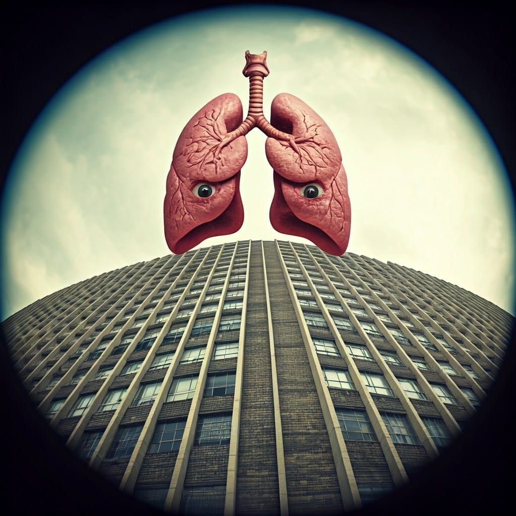 Surreal Horror Scene in Retro Style with Scary Lungs