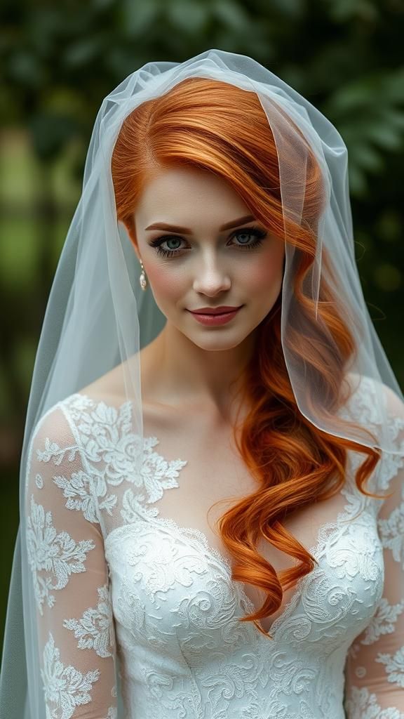 Redhead Bride in Lace Wedding Dress and Veil