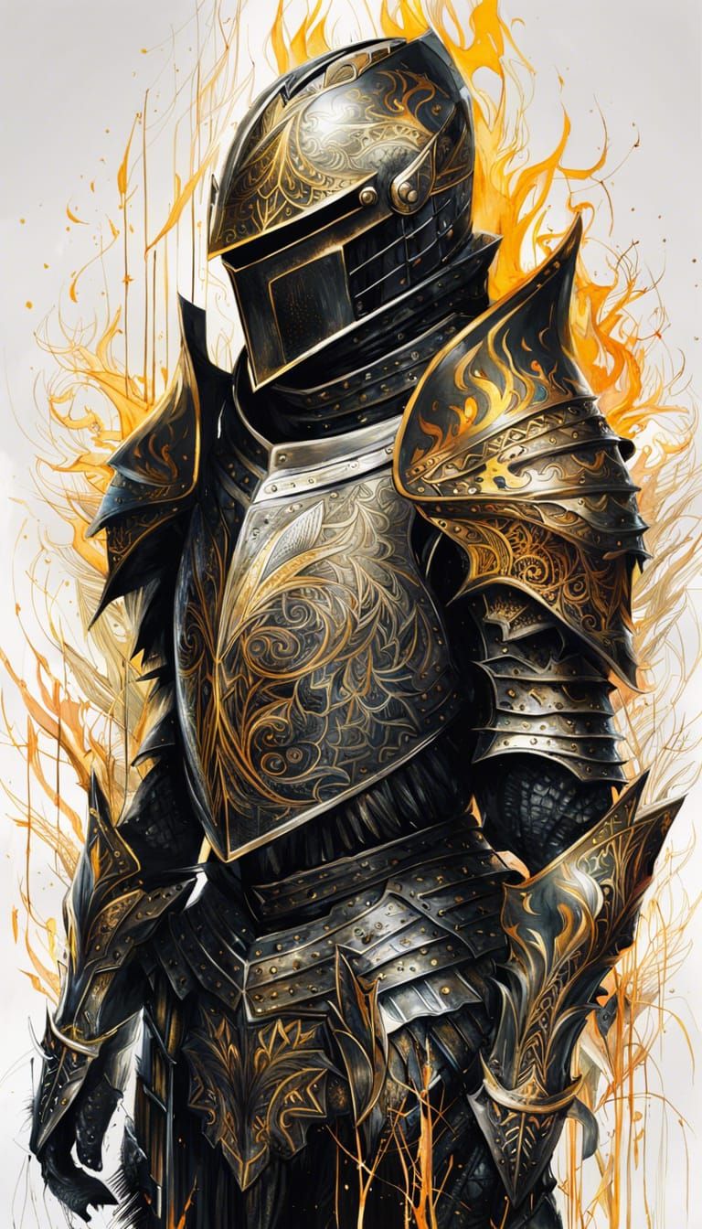 Flaming Knight in Golden Armor: Digital Art