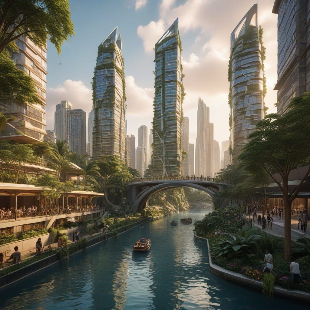 Utopian City of the Future in Golden Light