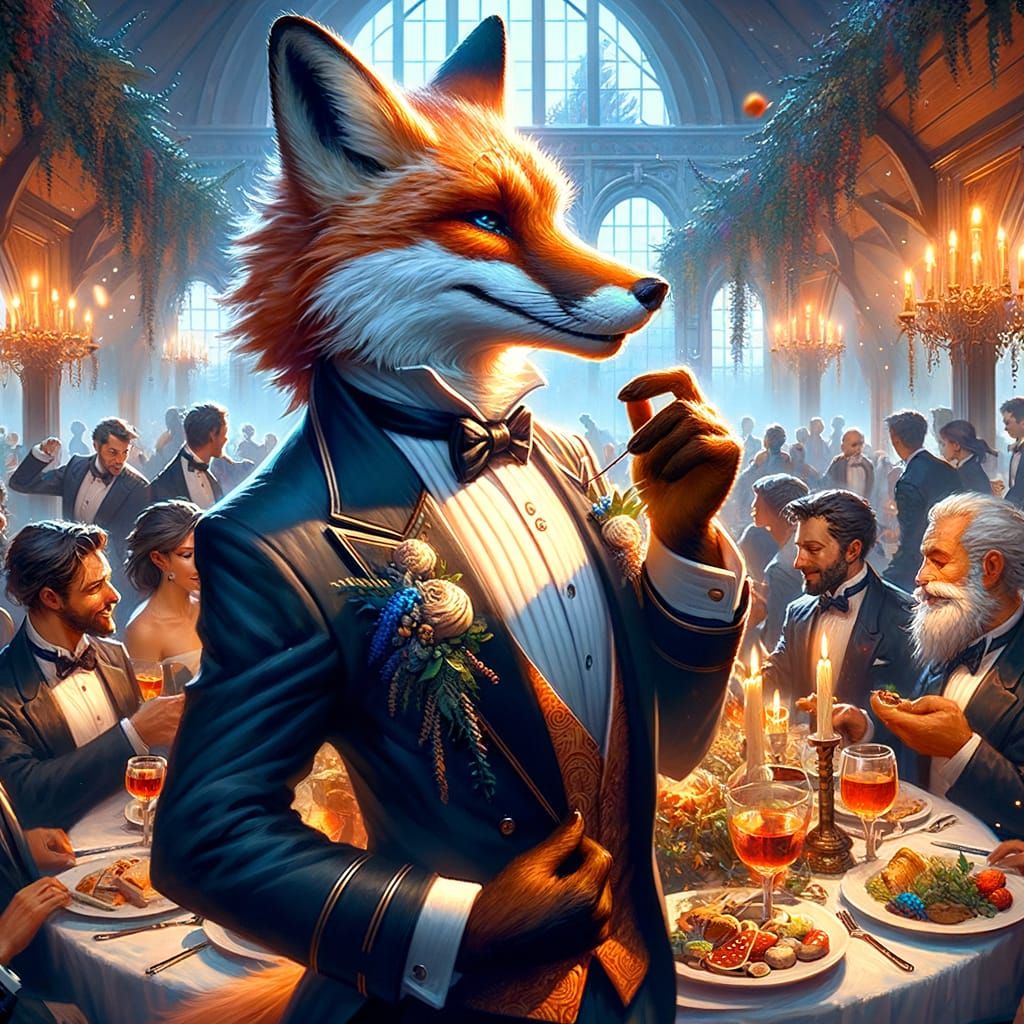 Suave Fox in Tuxedo at Fantastical Dinner Party
