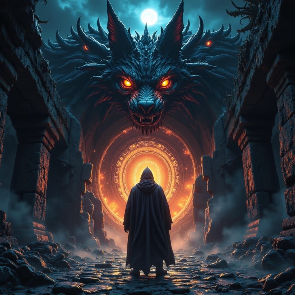 Werewolf Guardian of Dark Portal in Graphic Novel Style