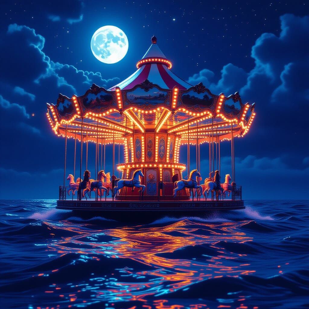 Glowing Carousel Floating Above Ocean at Night
