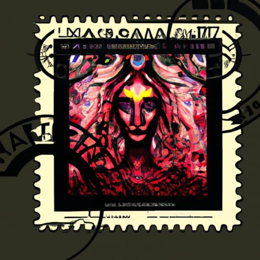 Intricate Postage Stamp with Sinister Triadic Colors