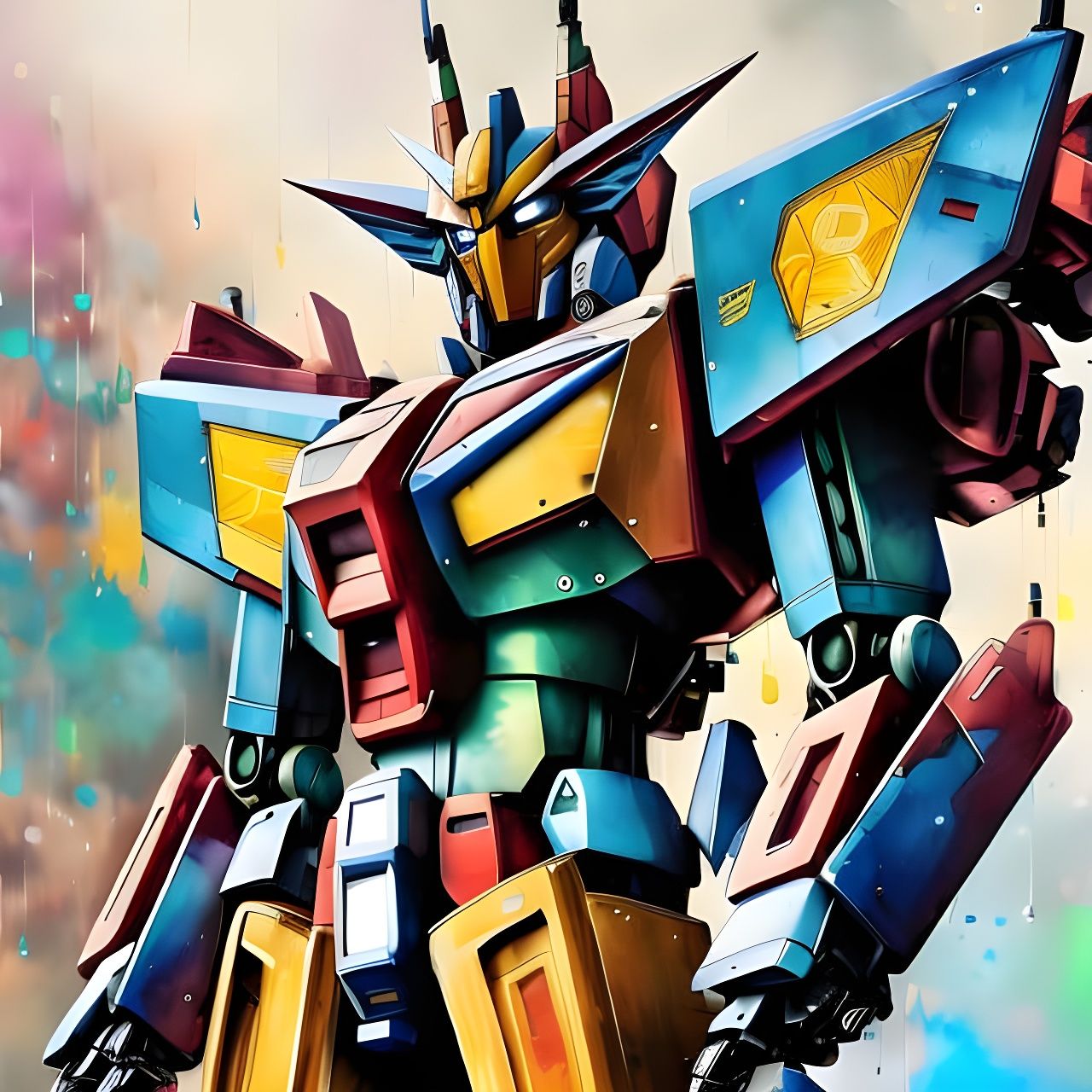 Badass Gundam Robot Portrait in Oil Splash Style