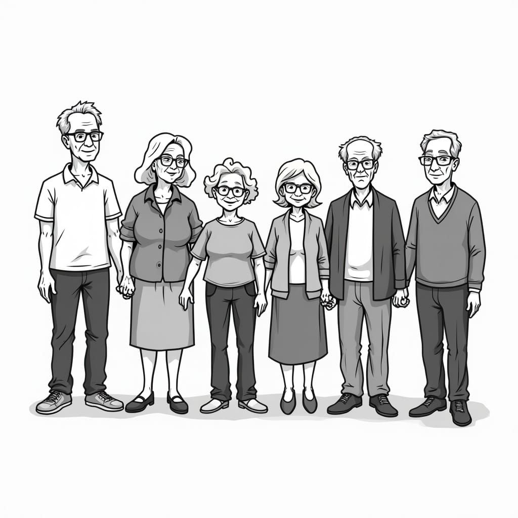 Elderly Group Standing Together in a Cartoony Silhouette