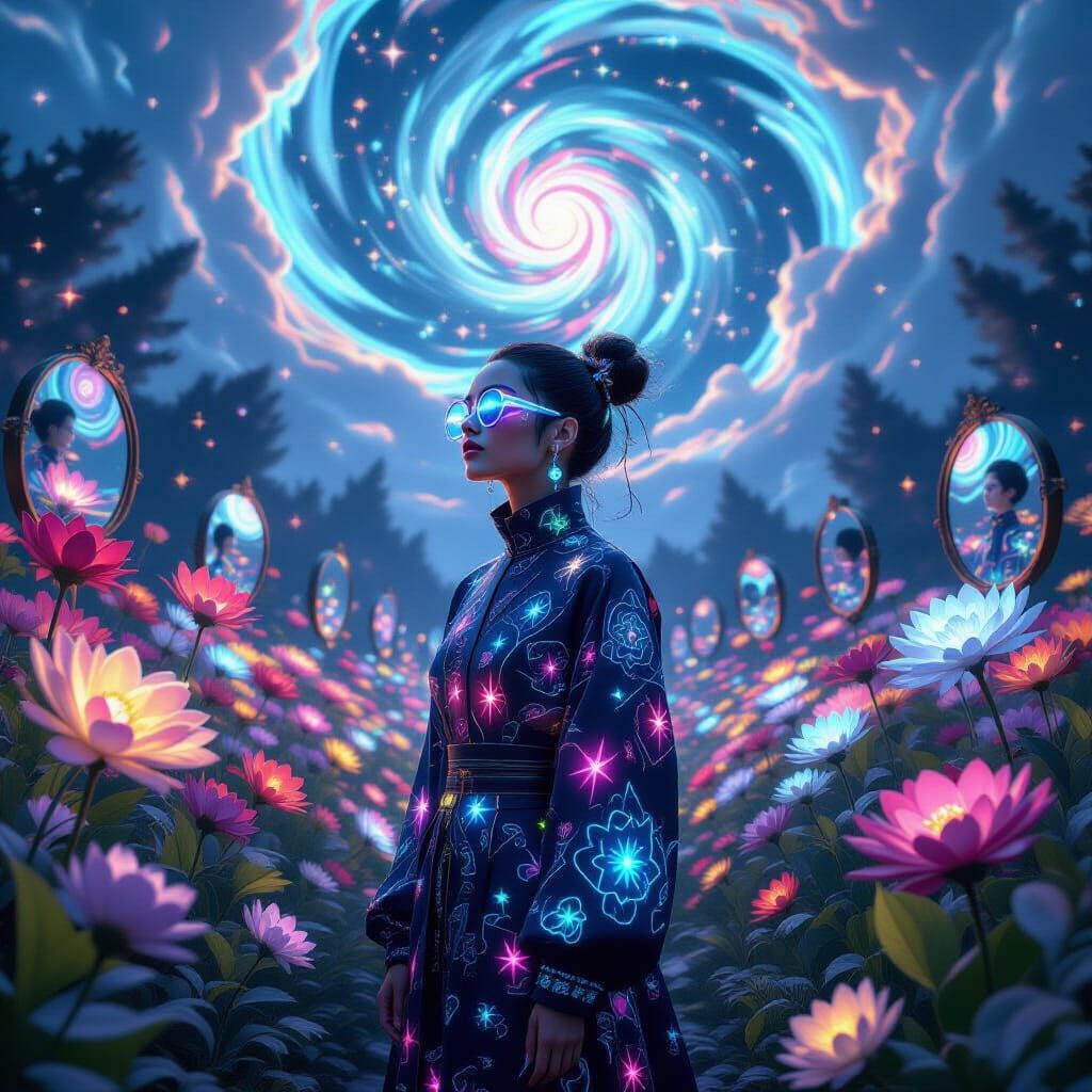 Mystical Garden: Person with Glowing Skin in Neon Dreams
