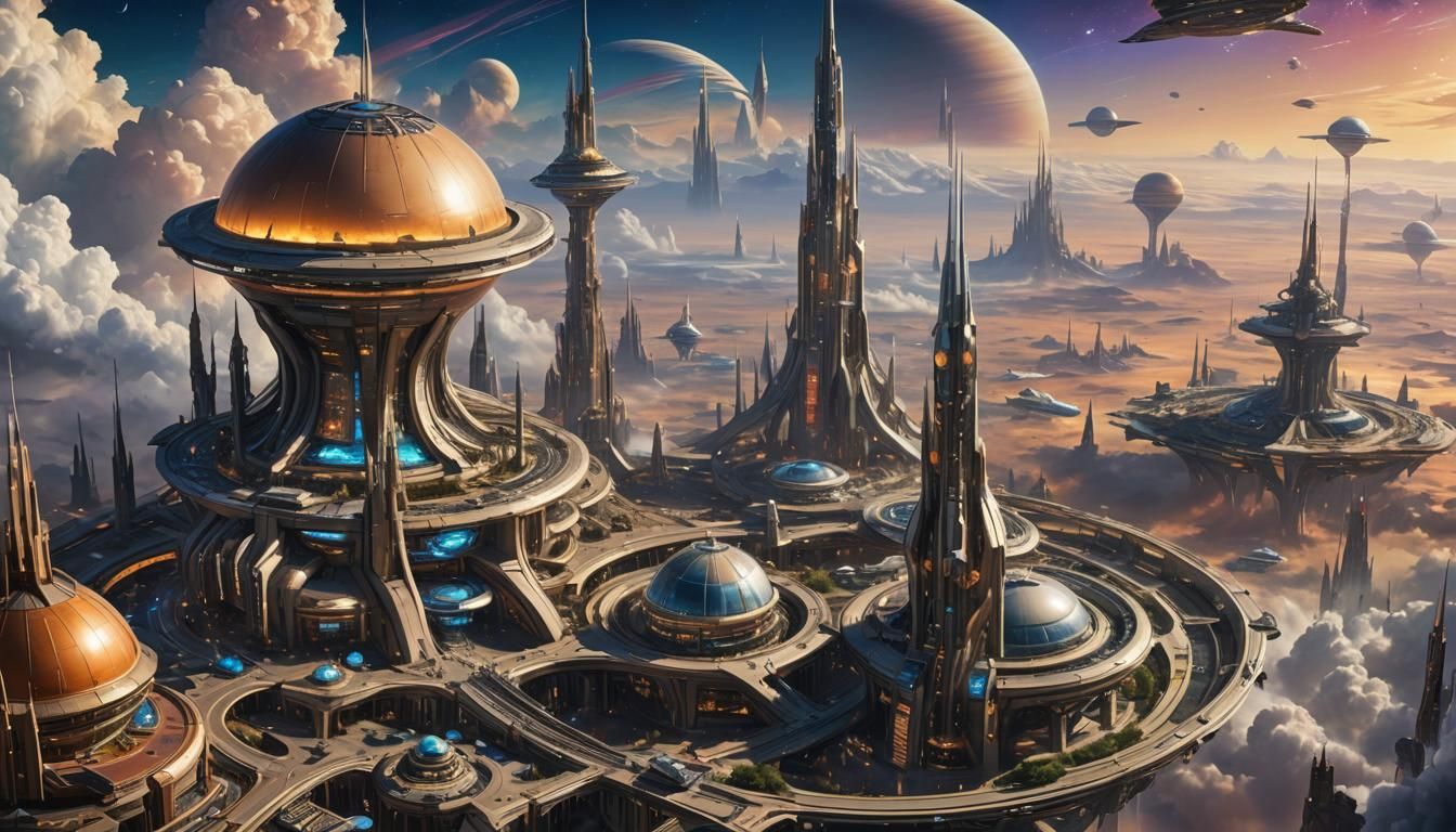 Intergalactic Spaceport with Saturn in the Sky