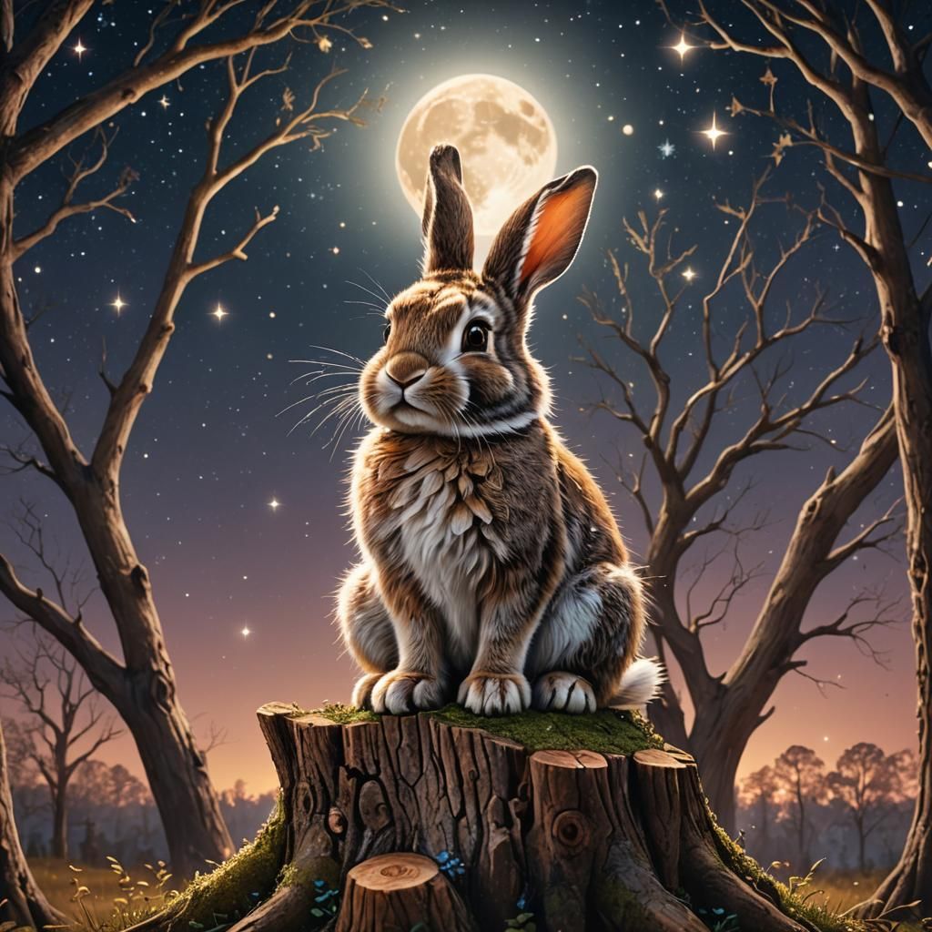 Bunny on Stump Under Moon in Fantasy Art