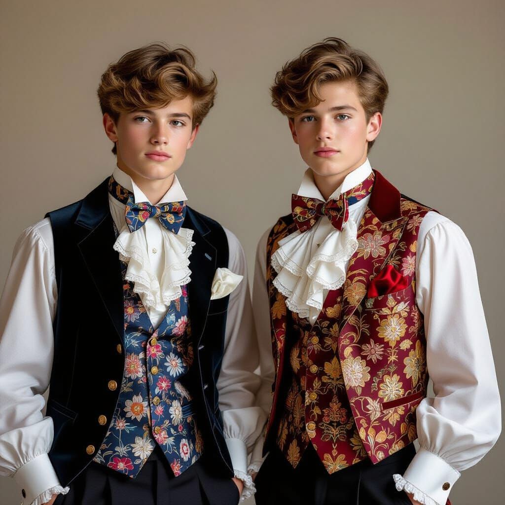 Preppy Teenage Boys in Ruffled Satin Shirts and Waistcoats
