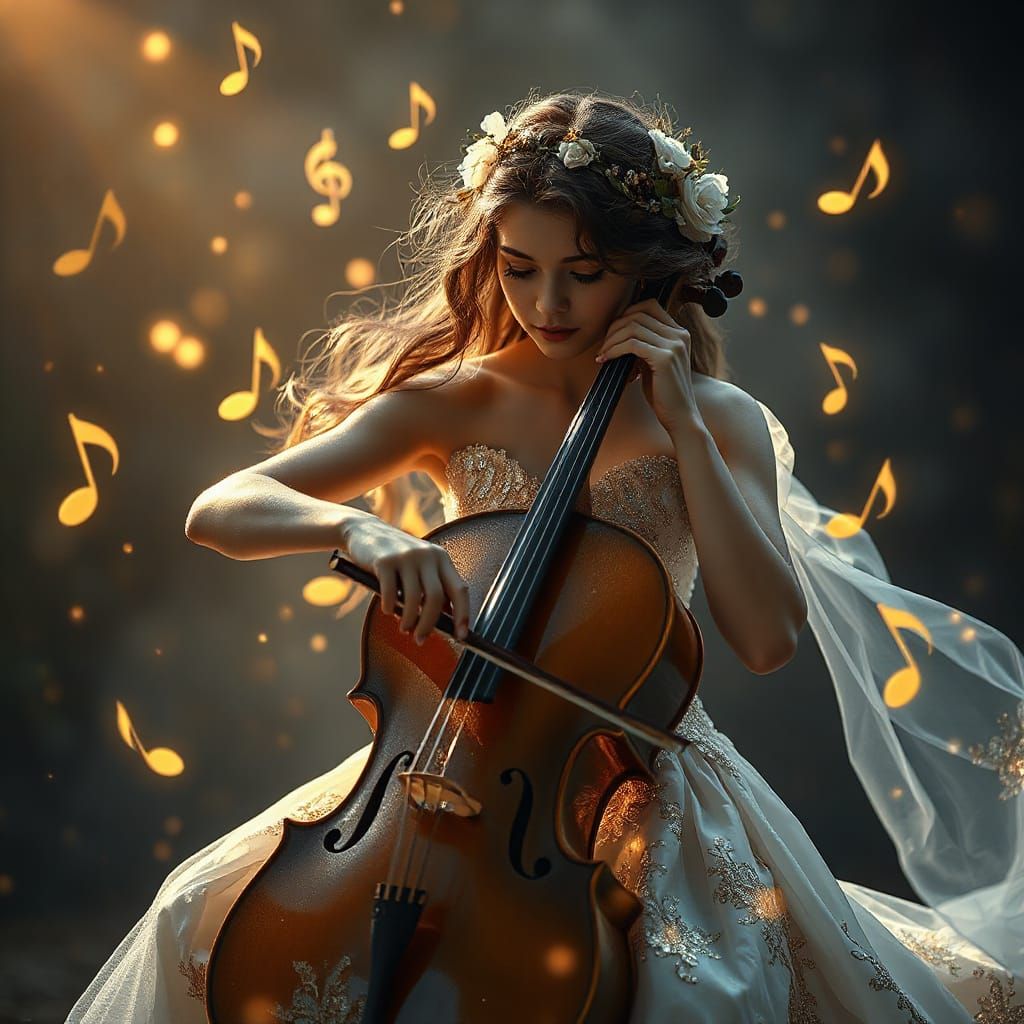 Ethereal Woman Plays Glowing Cello in Sparkling Gown