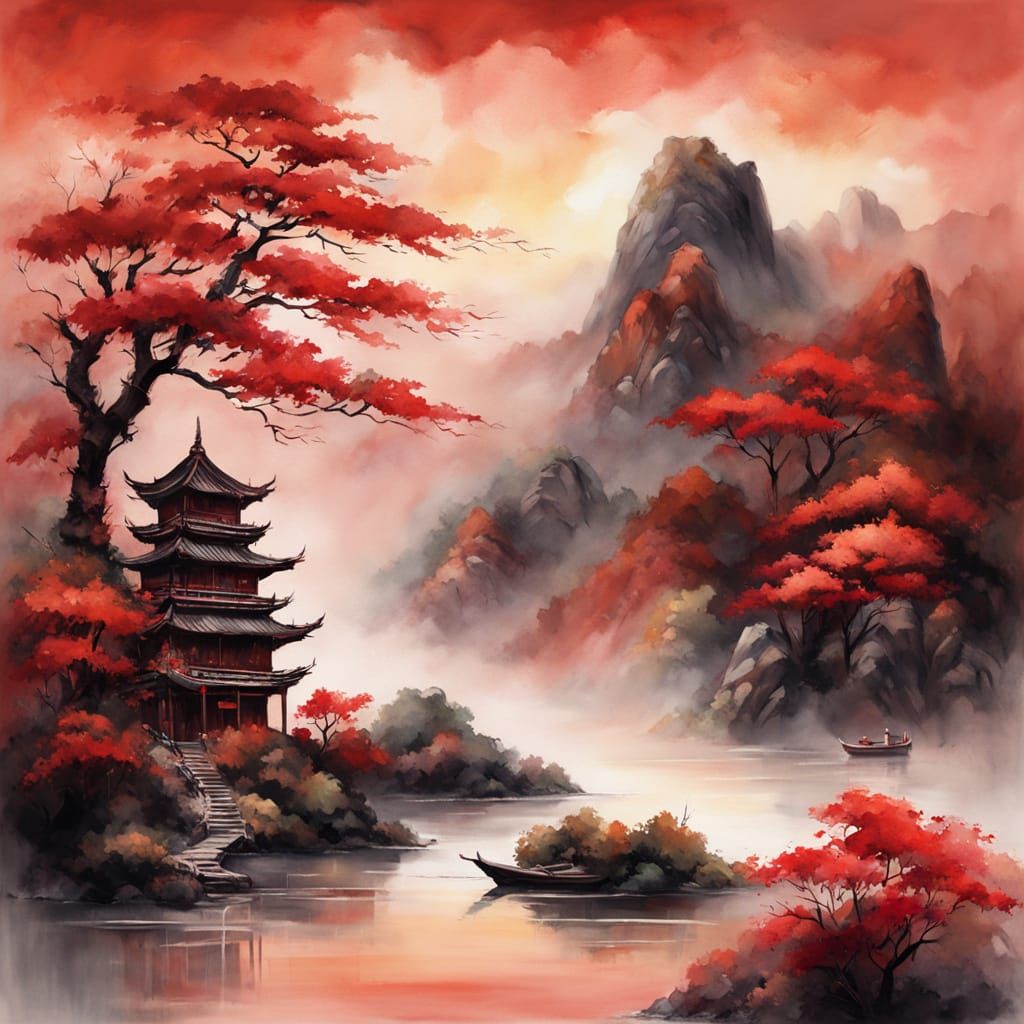 Ethereal Red Mountains in Classical Chinese Watercolor
