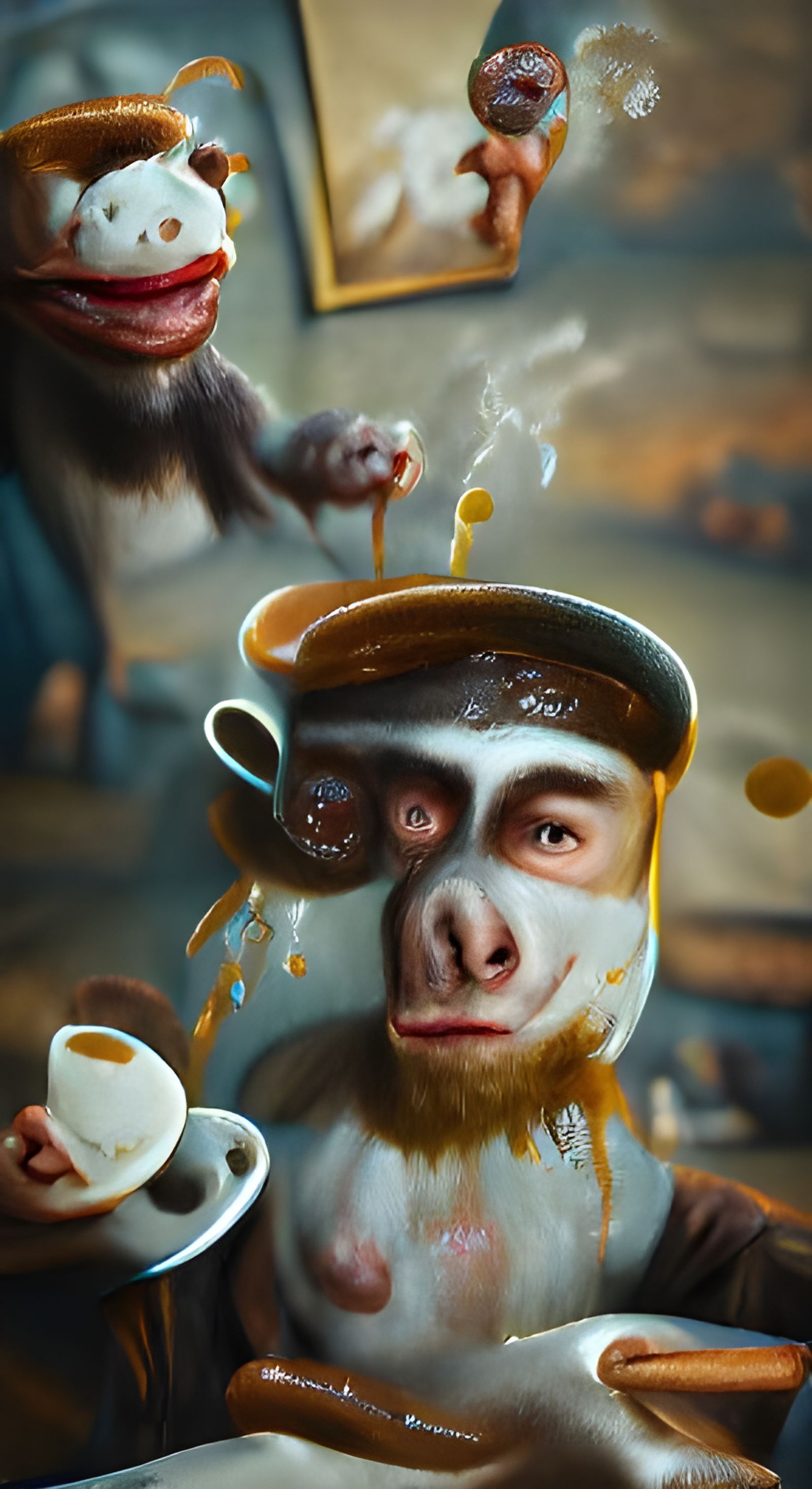 less stress more coffee funny monkeypox guy oil painting by James Gurney trending on Artstation Unreal Engine 3D shading...