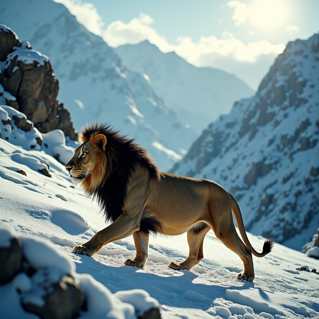 Regal Lion's Winter Journey in a Dramatic Landscape