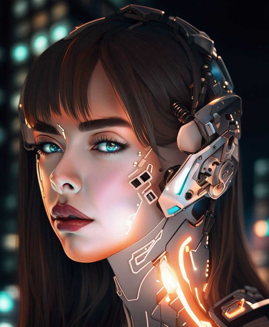 Cyborg Girl in Neon City: Hyperrealistic Portrait