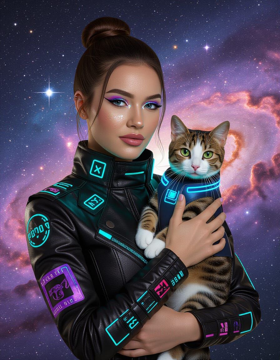 Futuristic Woman with Cat in Galaxy Portrait