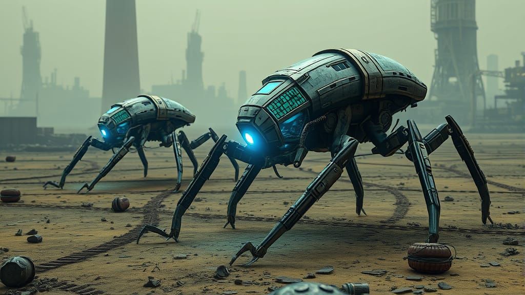 Mechanical Crawlers in Industrial Cyberpunk Landscape