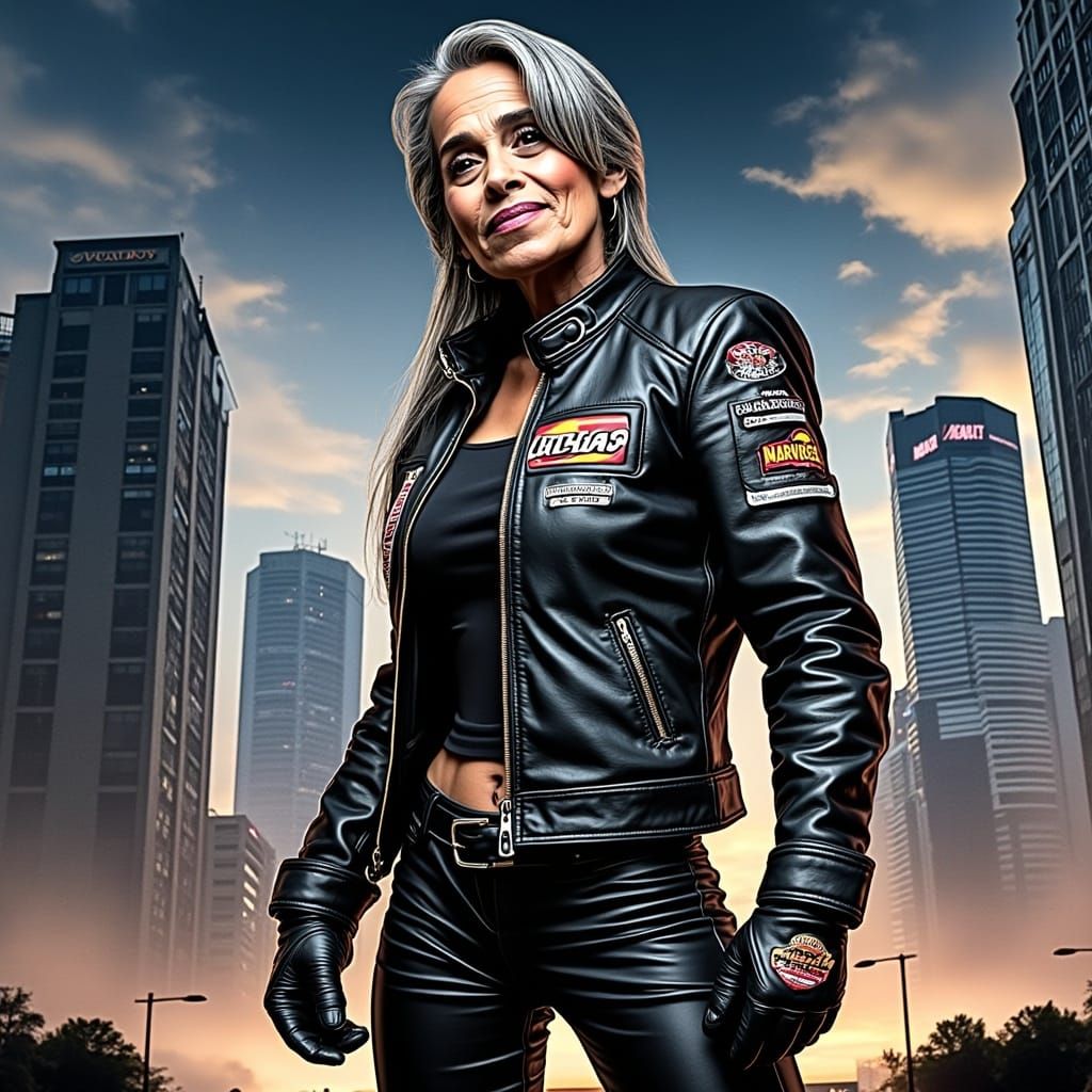 Sultry Senior Superheroine in Edgy Biker Gear