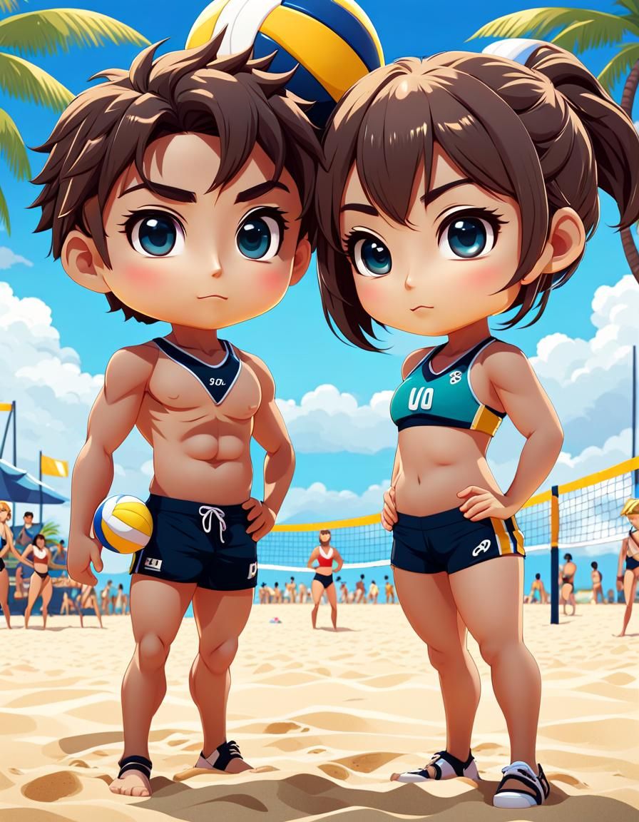 Chibi Beach Volleyball Players in 8K Style