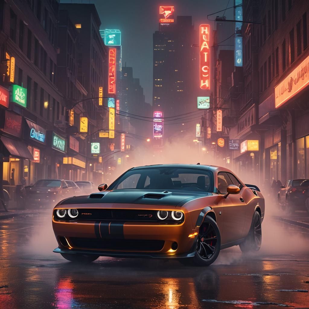 Neon-Lit Hellcat on Misty City Street