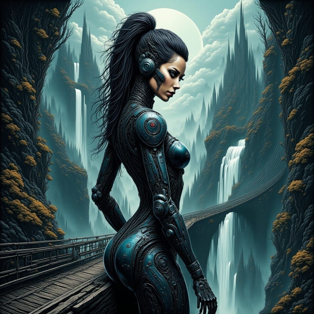 Beautiful Female Cyborg on Bridge Waterfall Background