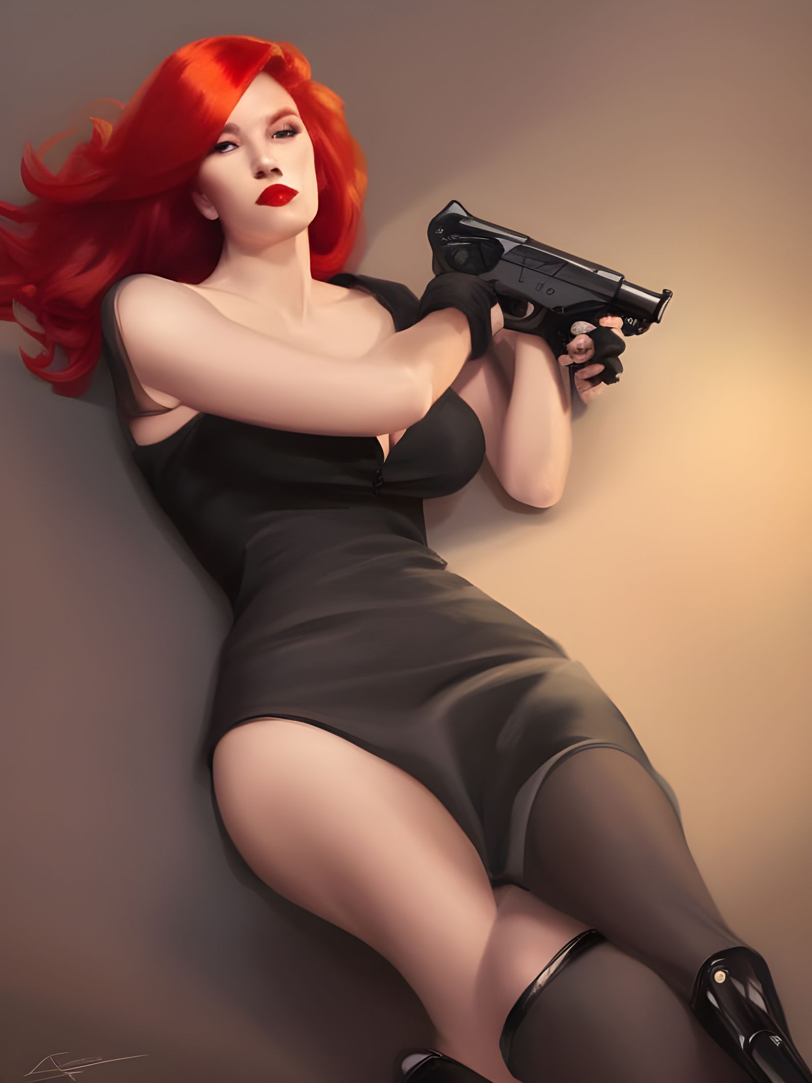 Femme Fatale Portrait with Pistol, Digital Art