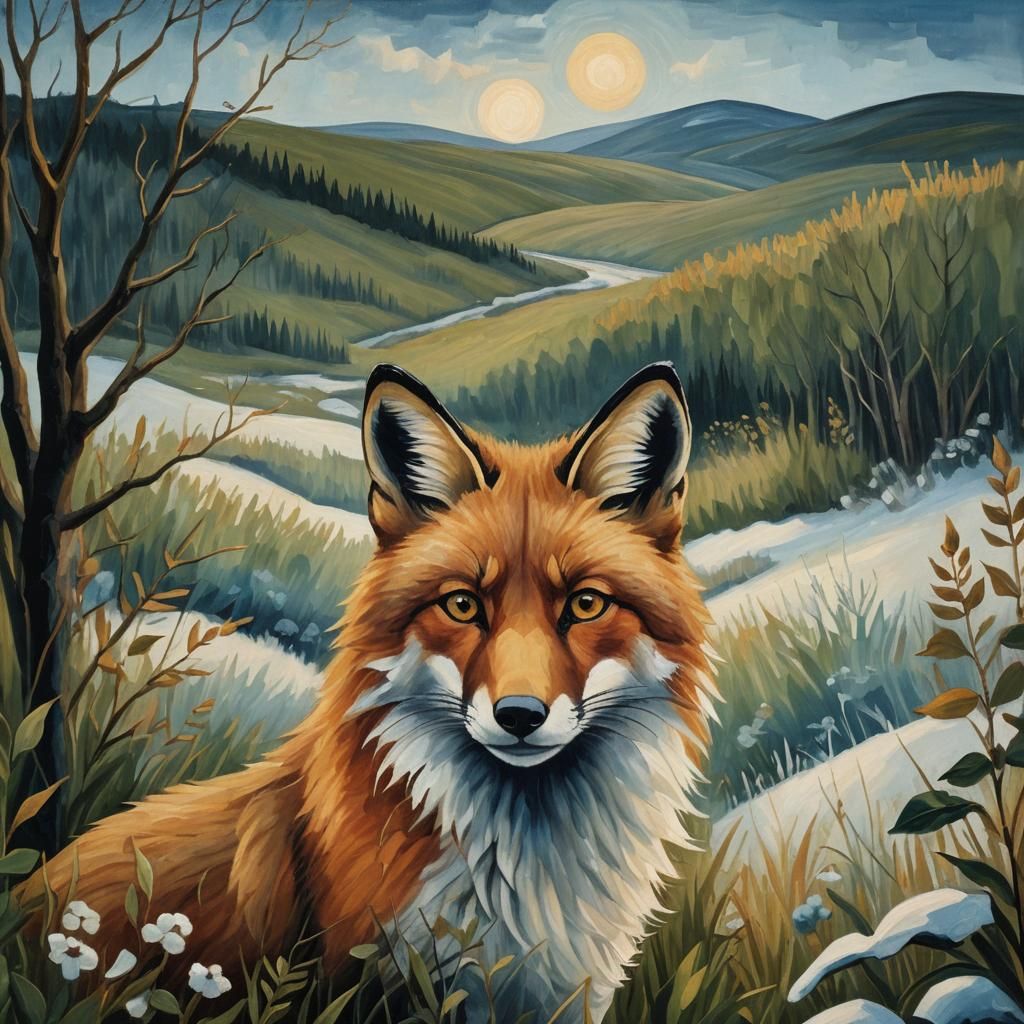 Fox in Arctic Tundra, Rousseau-Inspired Painting