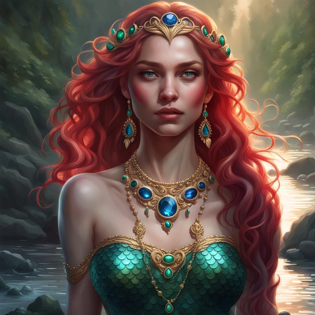 Mermaid Portrait with Sapphire Necklace, Art Nouveau Style