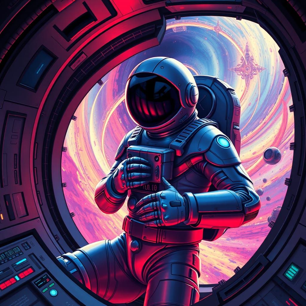 Astronaut in Spaceship Cockpit: Psychedelic Sci-Fi Vision