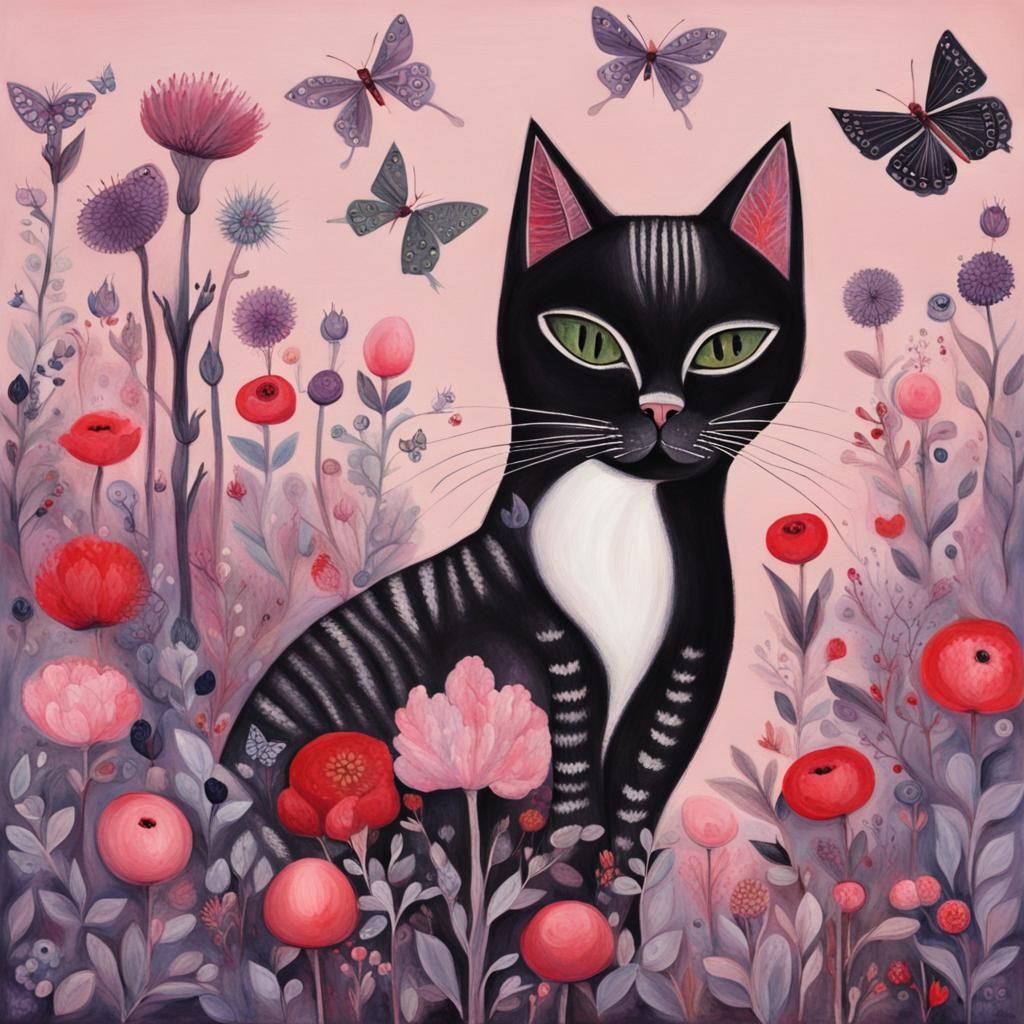 Cat's Floral Frolic: Intricate Art