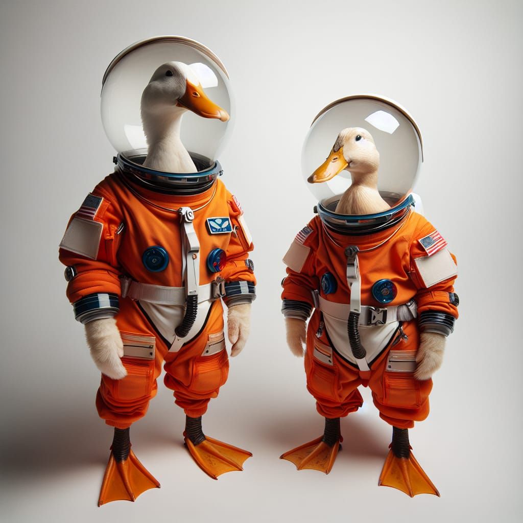 Ducks in Astronaut Suits on White Backdrop