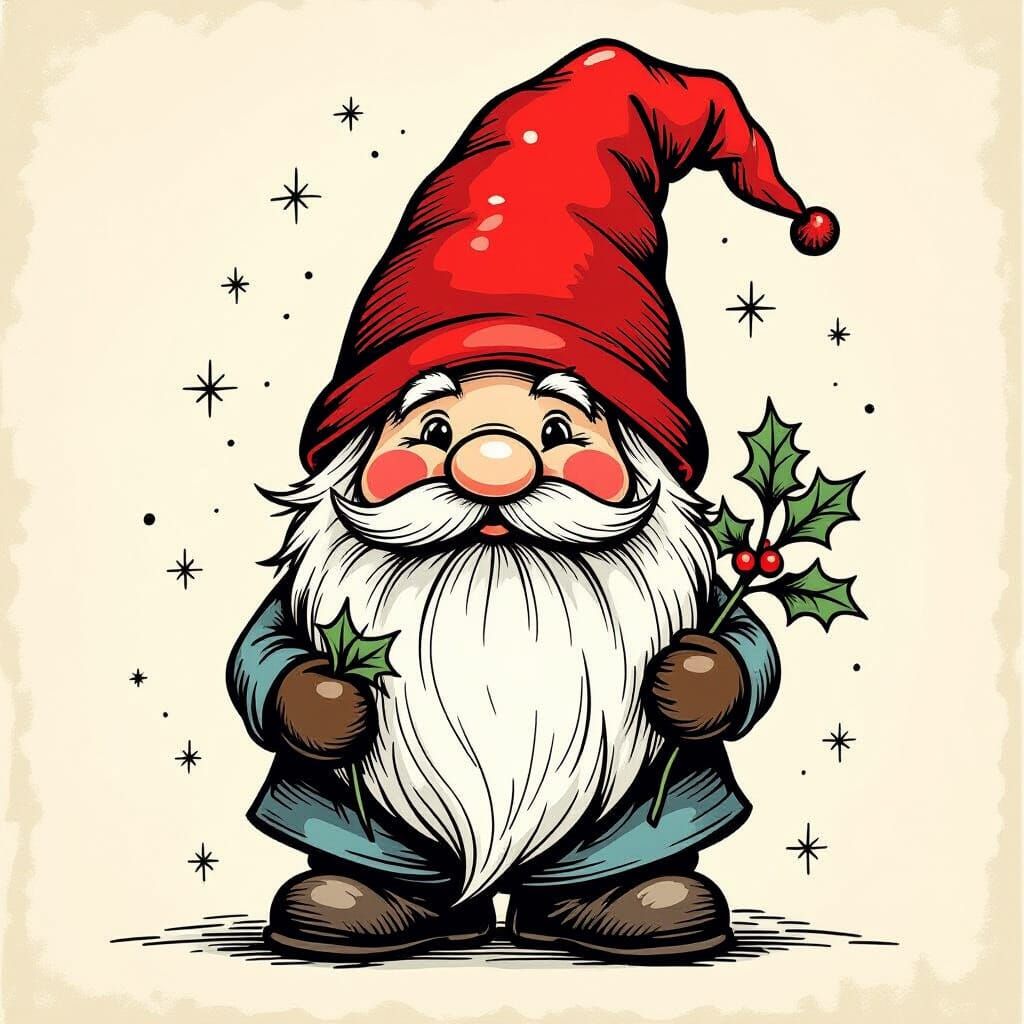Christmas Gnome Black and White Sketch Outline